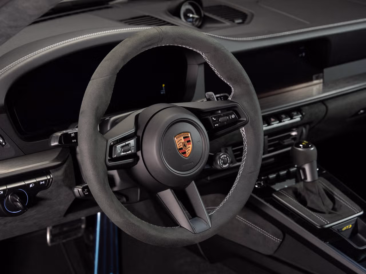 2026 Porsche 911 GT3, Inneres, Innenausstattung mit erweiterten Leder-/Race-Tex-Umfängen schwarz mit Kontrastfarbe GT-silber, 5 in der Galerie anschauen